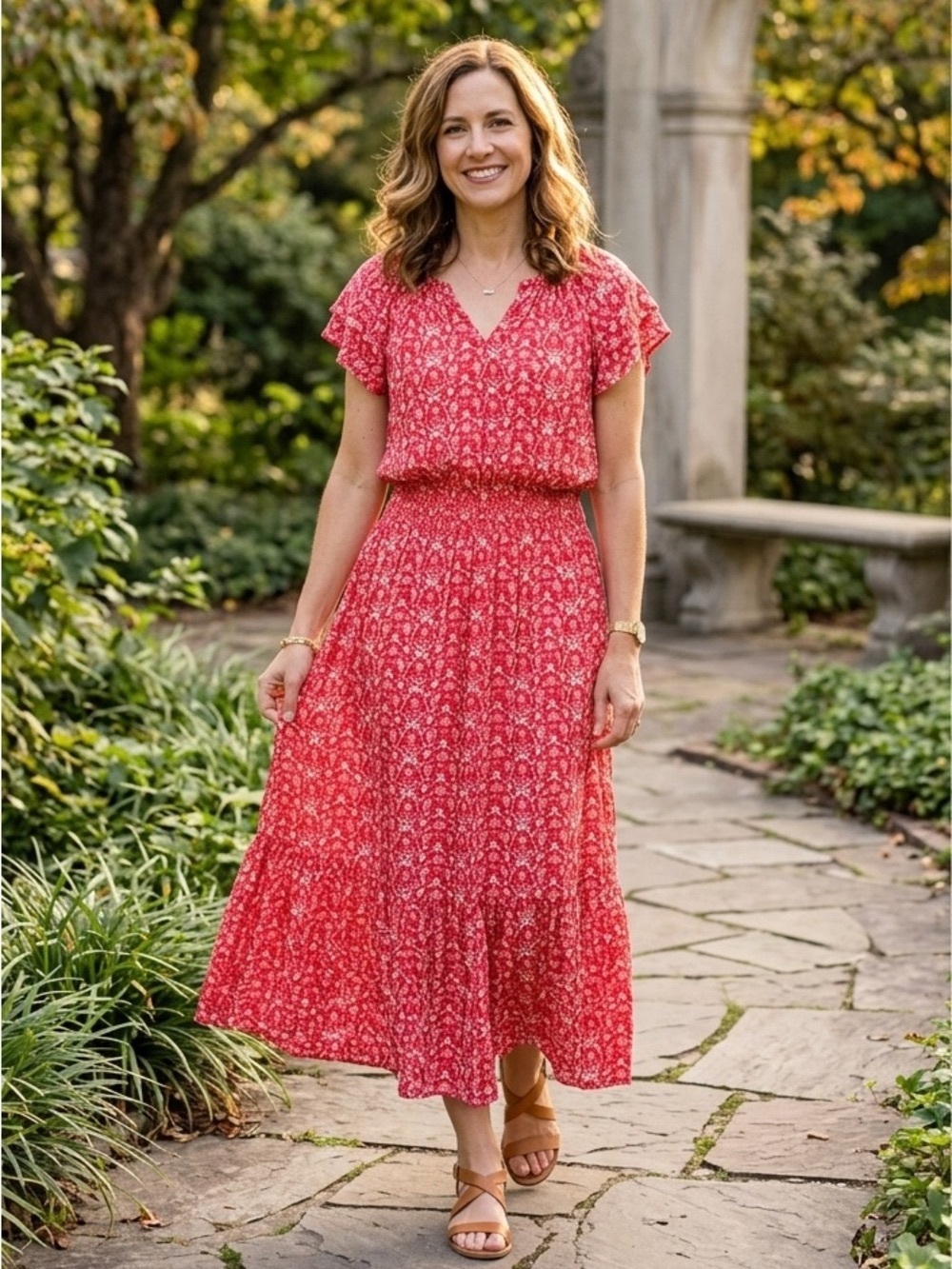 Destination 365 Red White Boho Maxi Dress Flutter Sleeve Drawstring XSP